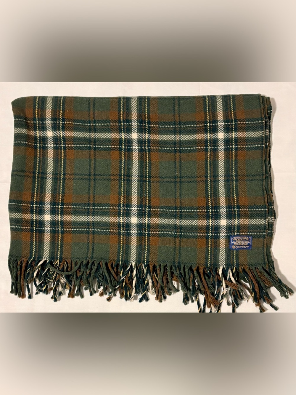 Vintage 60’s Pendelton Wool Throw Stadium Camp Blanket Tartan Plaid Green Brown